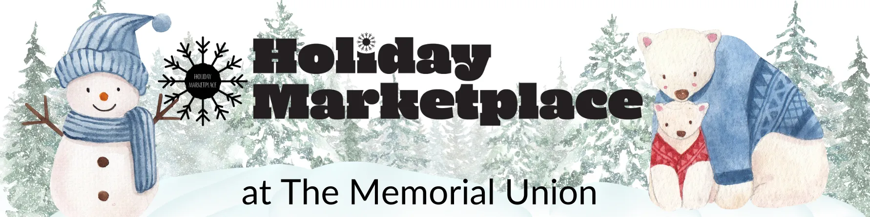 holiday marketplace, polar bear on the right side and a snowman on the left, Christmas trees in the background