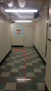 Hallway with circle indicating where to turn left