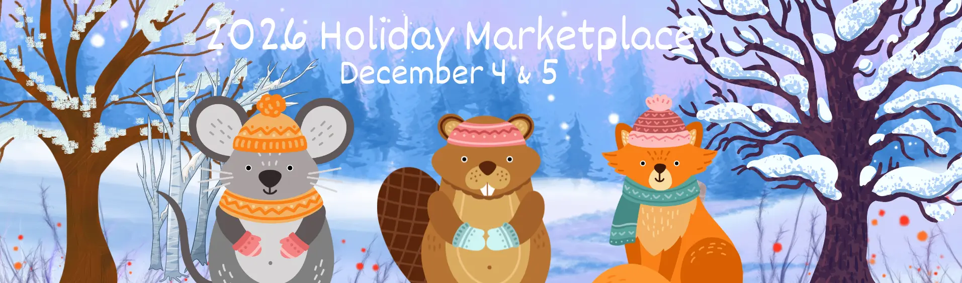 3 cute woodland critters in front of a winter landscape