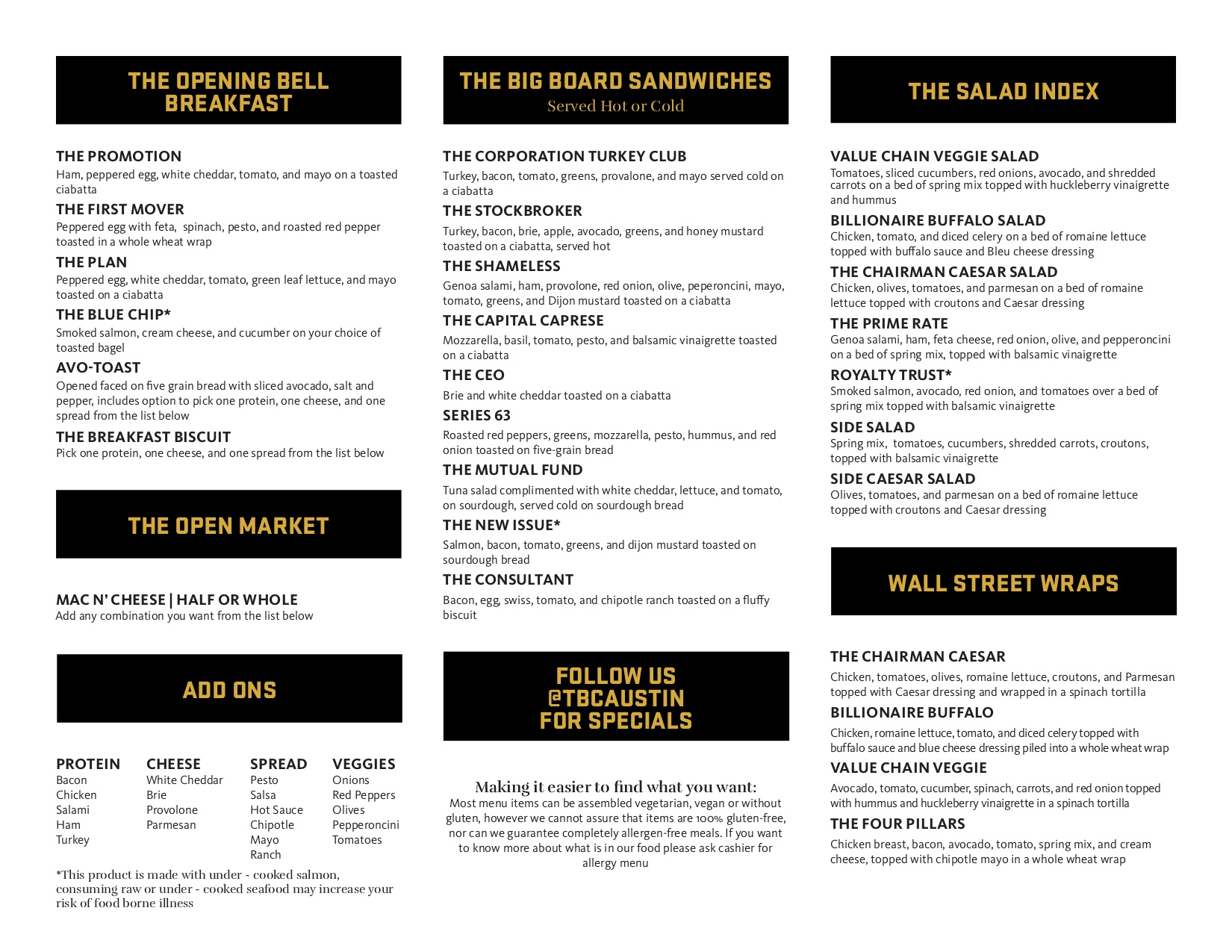 Trader Bing's Cafe food menu. Click for pdf version of full menu.